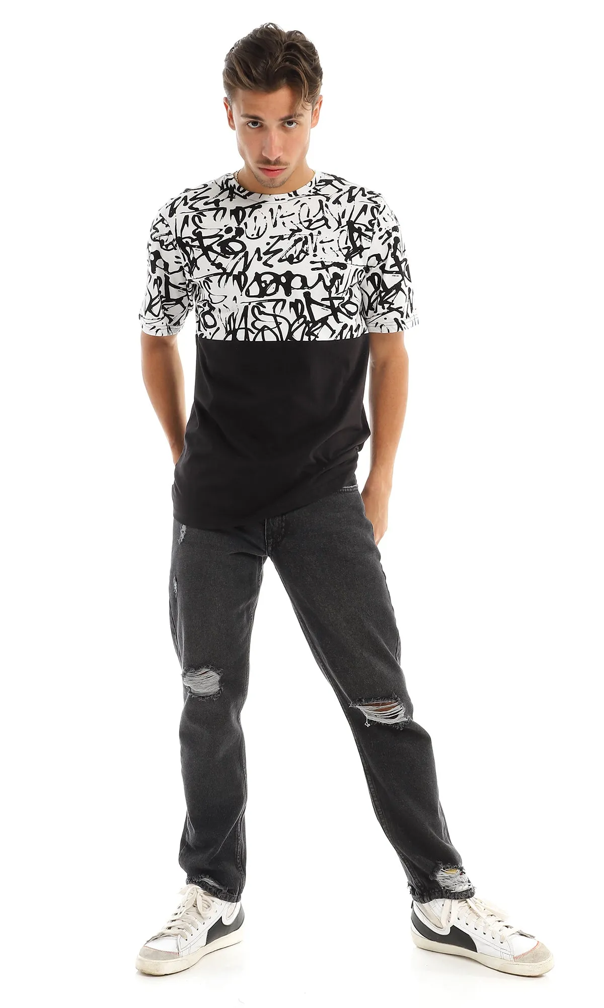 97645 Bi-Tone Patterned Black & White Cotton T-Shirt