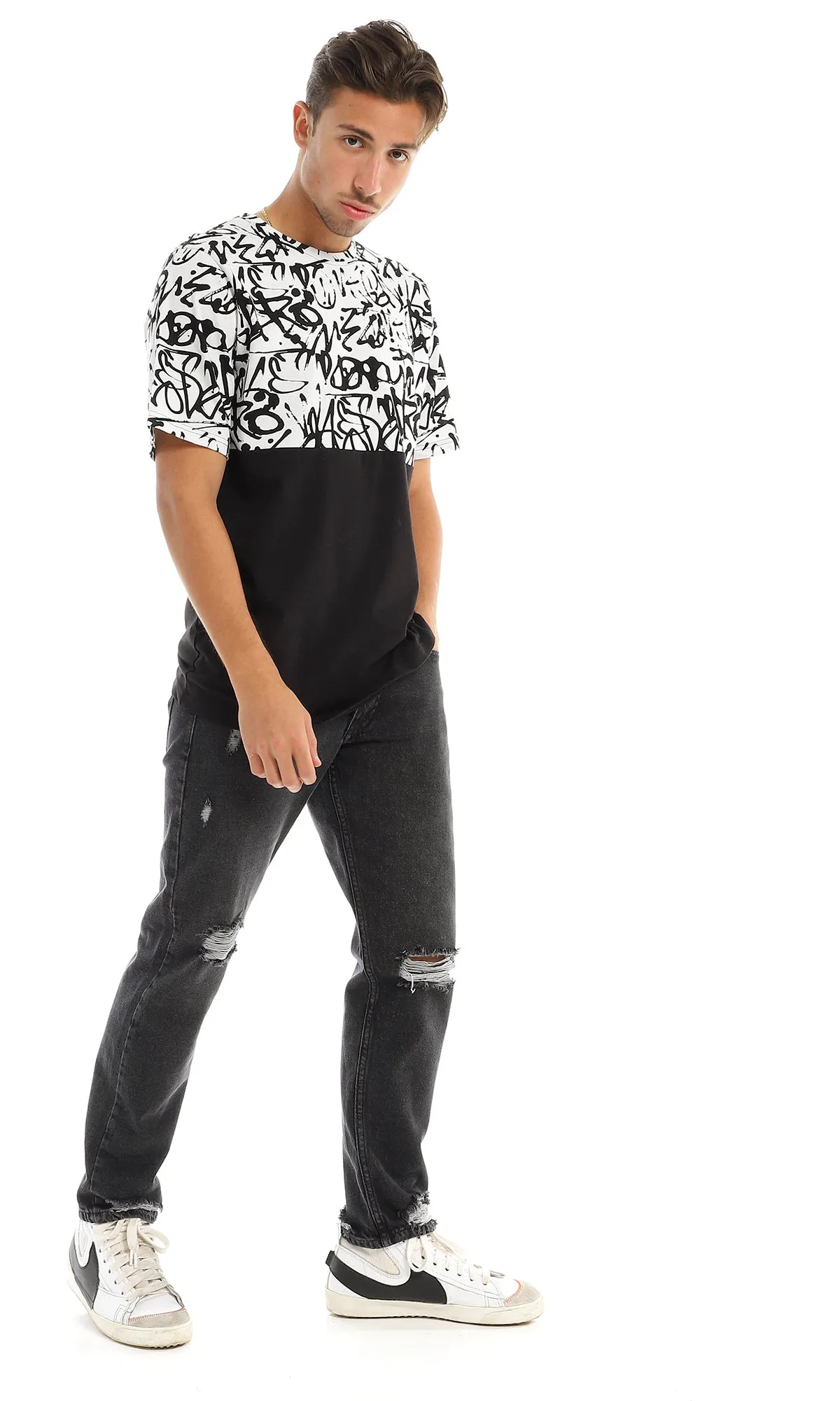 97645 Bi-Tone Patterned Black & White Cotton T-Shirt