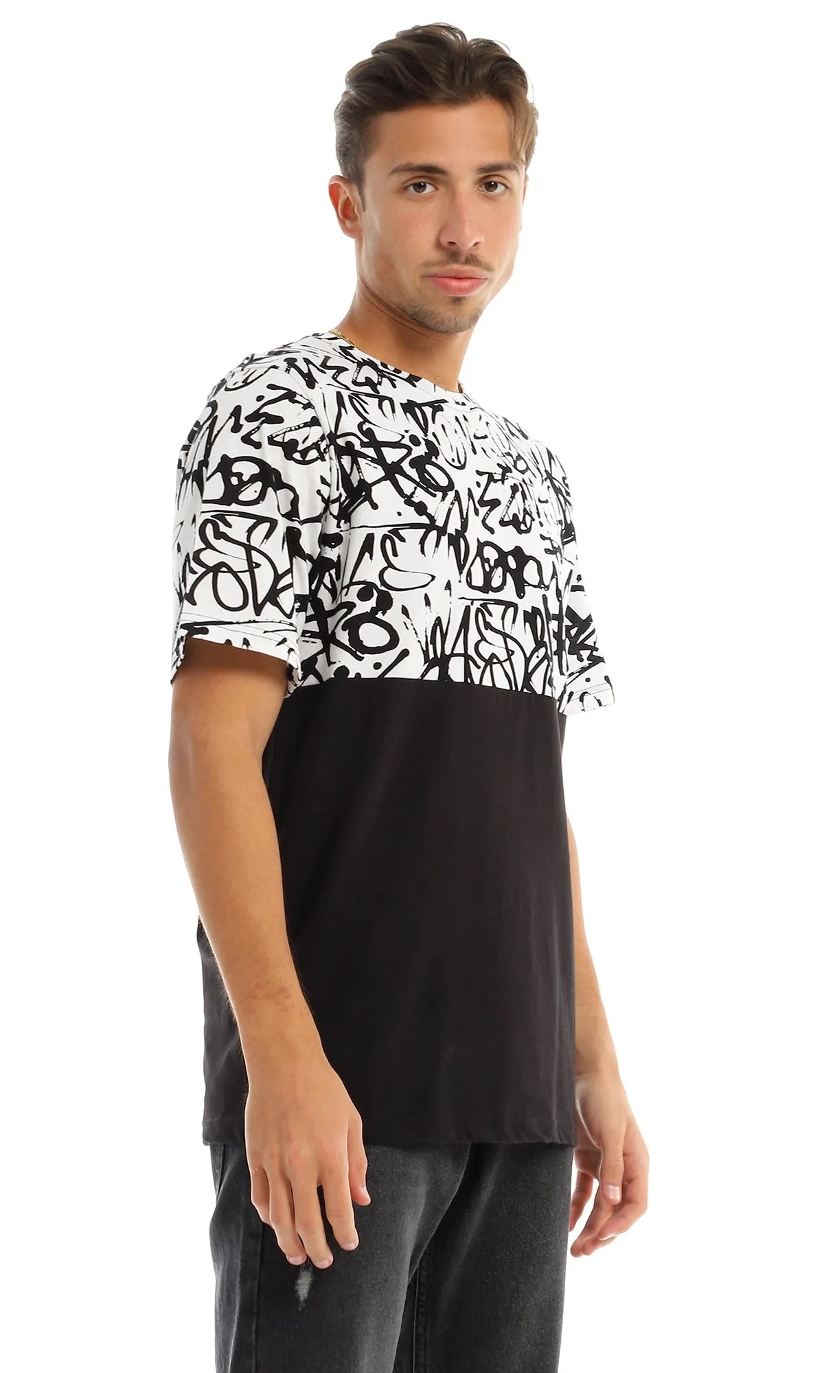 97645 Bi-Tone Patterned Black & White Cotton T-Shirt