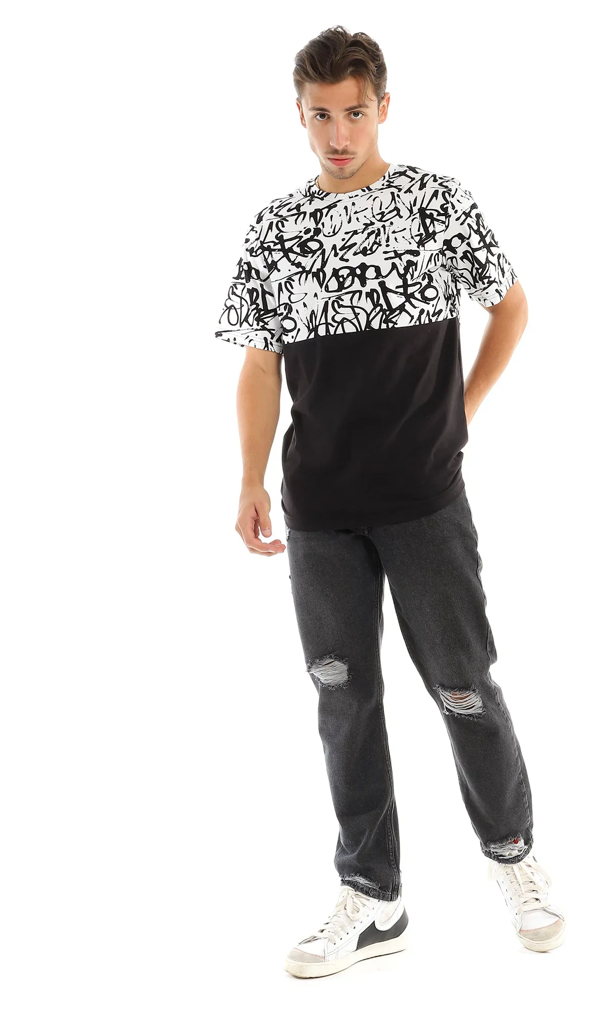 97645 Bi-Tone Patterned Black & White Cotton T-Shirt