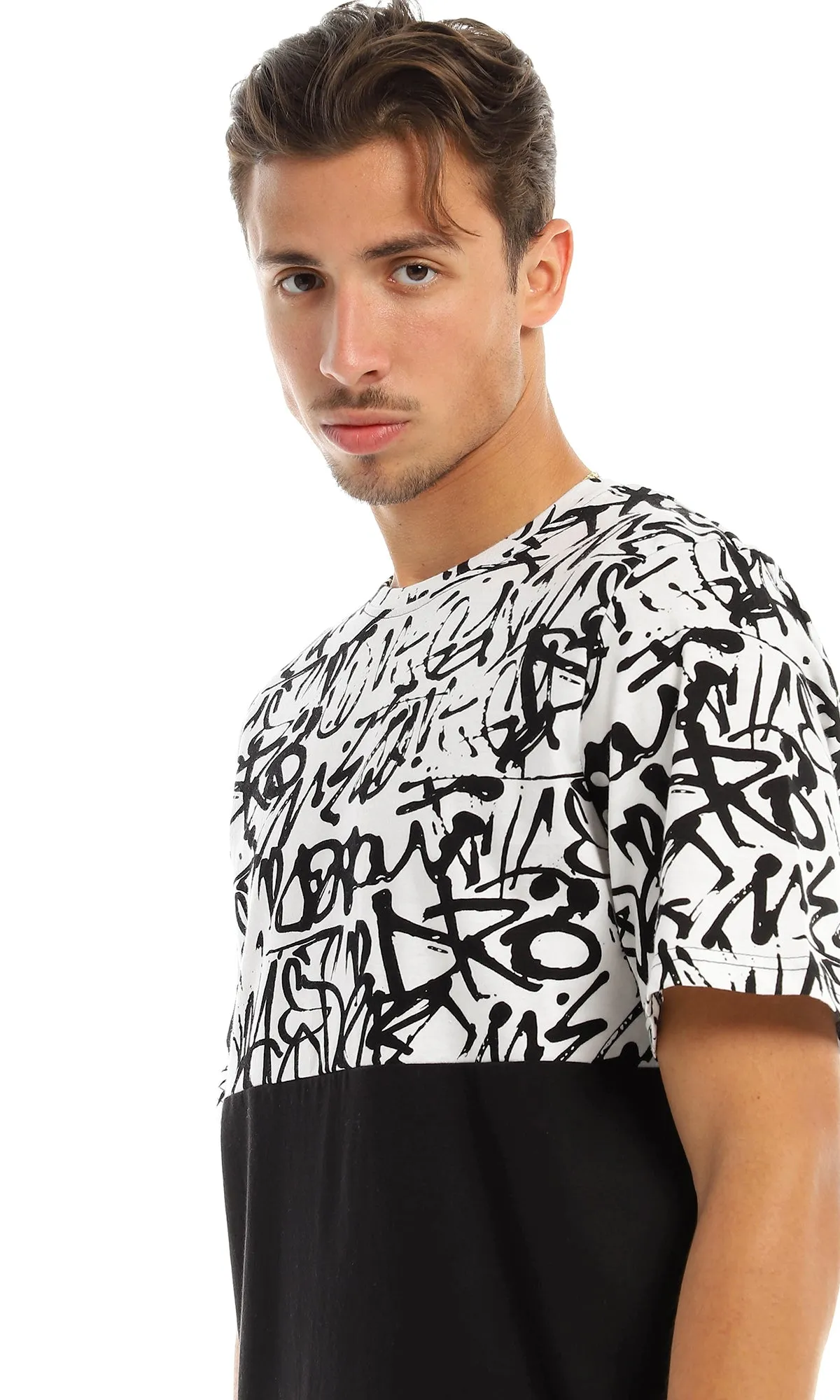97645 Bi-Tone Patterned Black & White Cotton T-Shirt