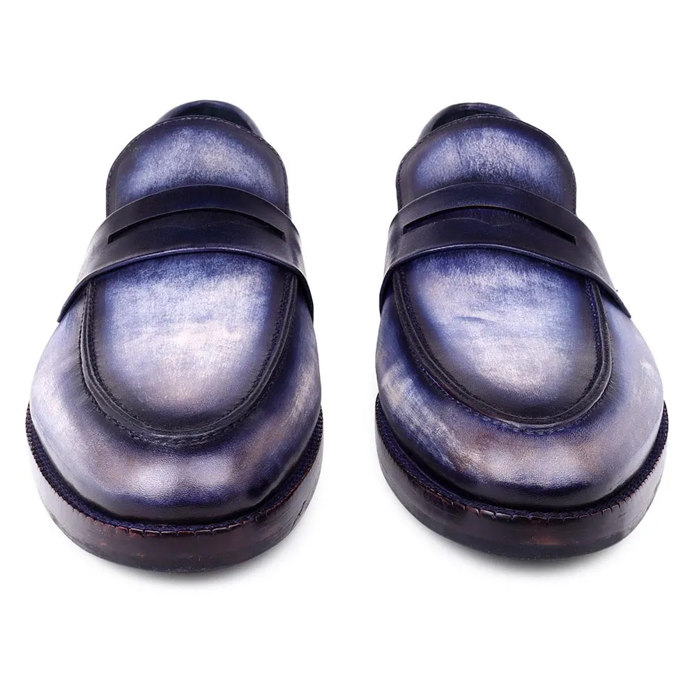 Blue Handpainted Patina Washed Classic Penny Loafers