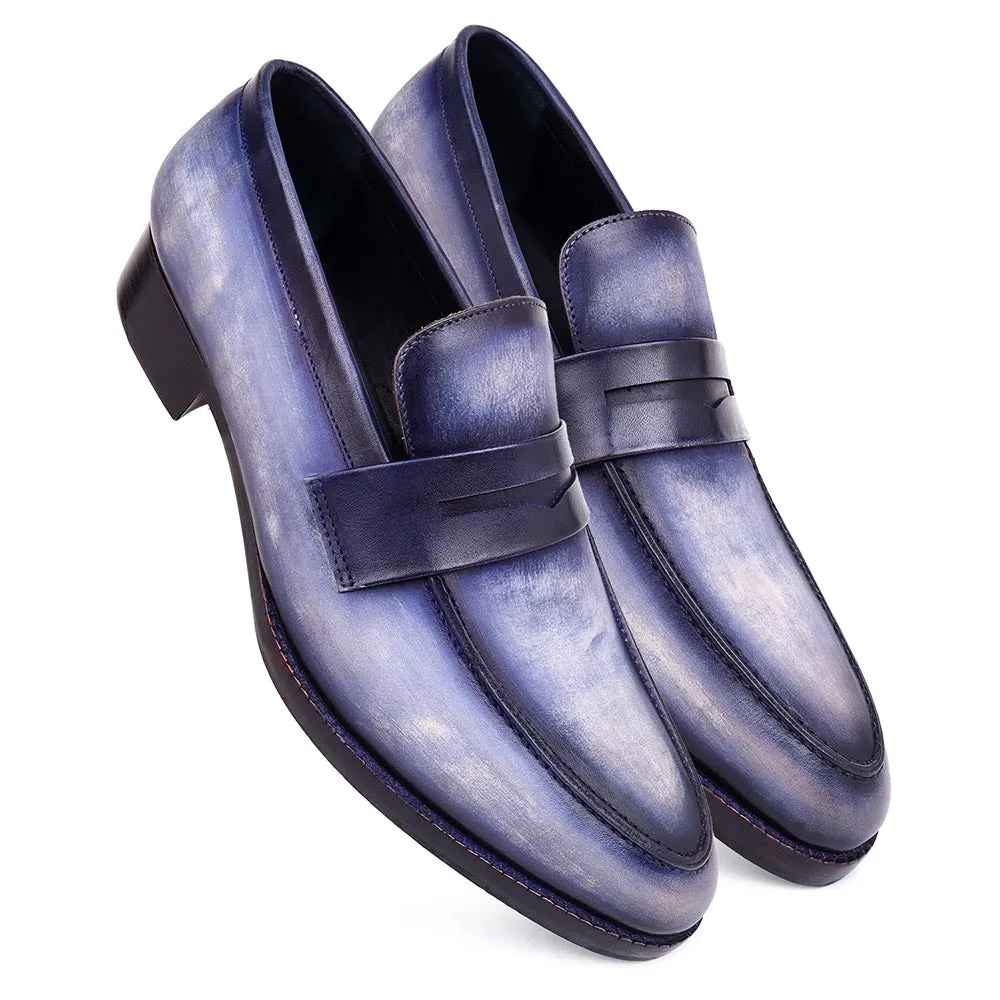 Blue Handpainted Patina Washed Classic Penny Loafers