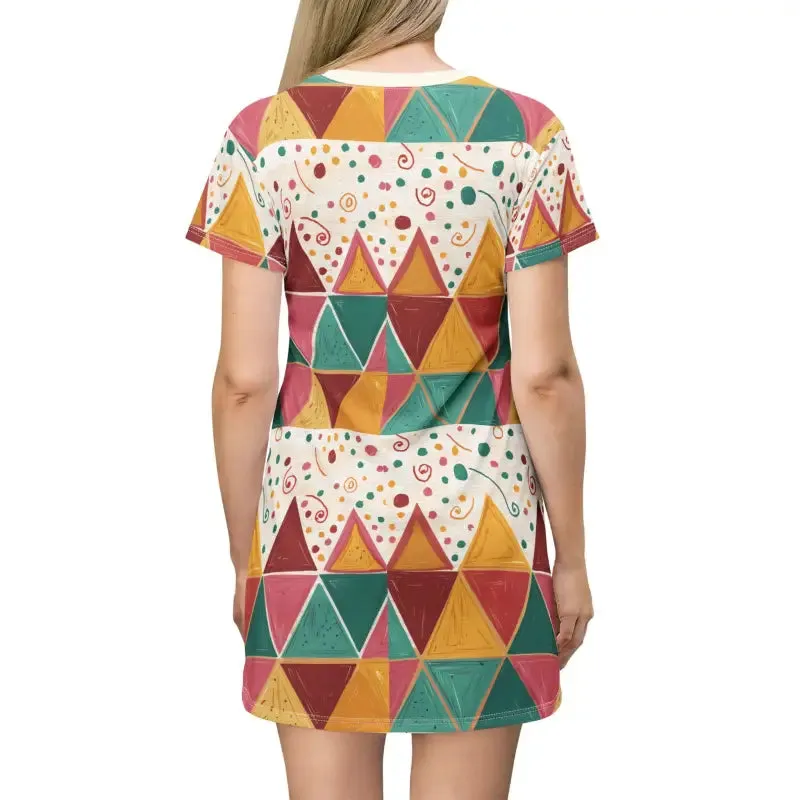 Chic Tagless Tee Dress with Bright Geometric Triangles