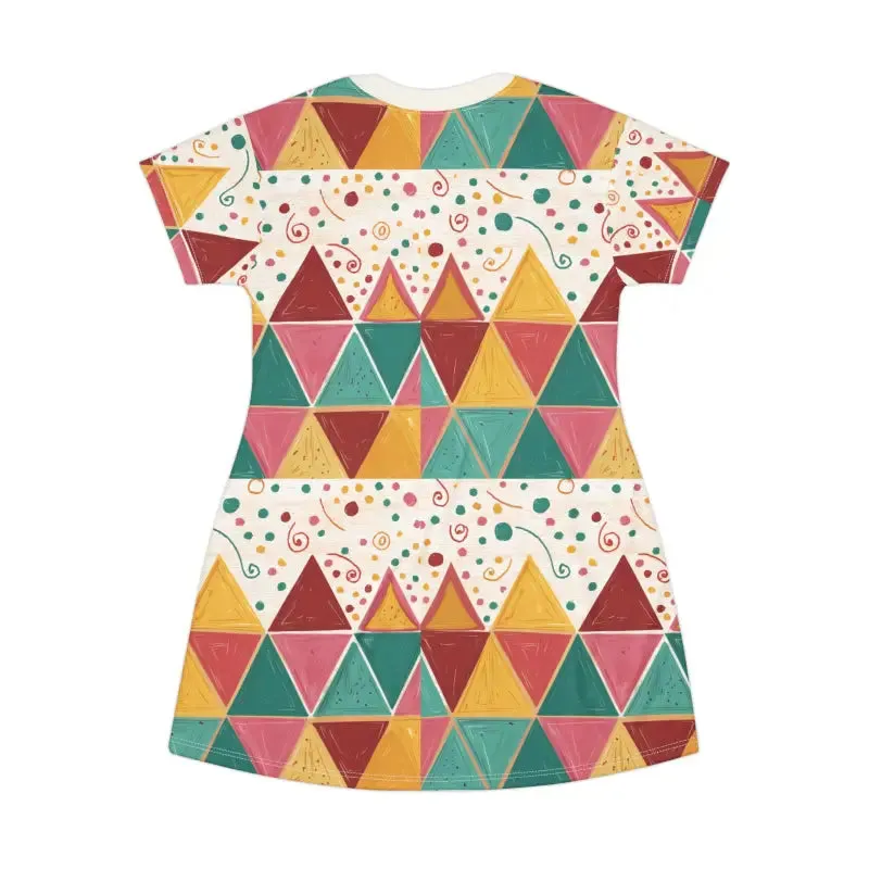 Chic Tagless Tee Dress with Bright Geometric Triangles