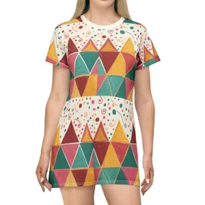 Chic Tagless Tee Dress with Bright Geometric Triangles