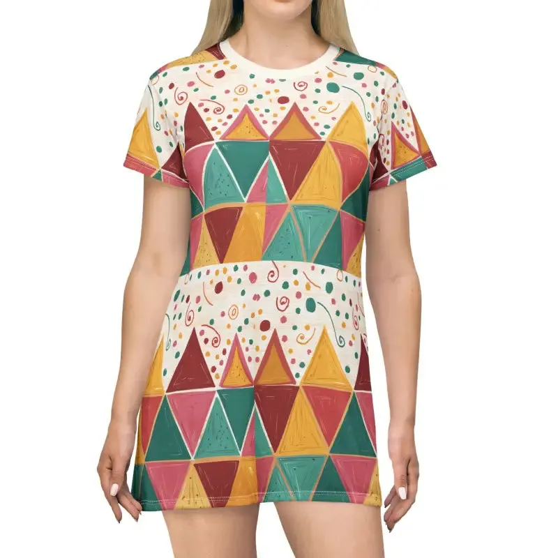 Chic Tagless Tee Dress with Bright Geometric Triangles
