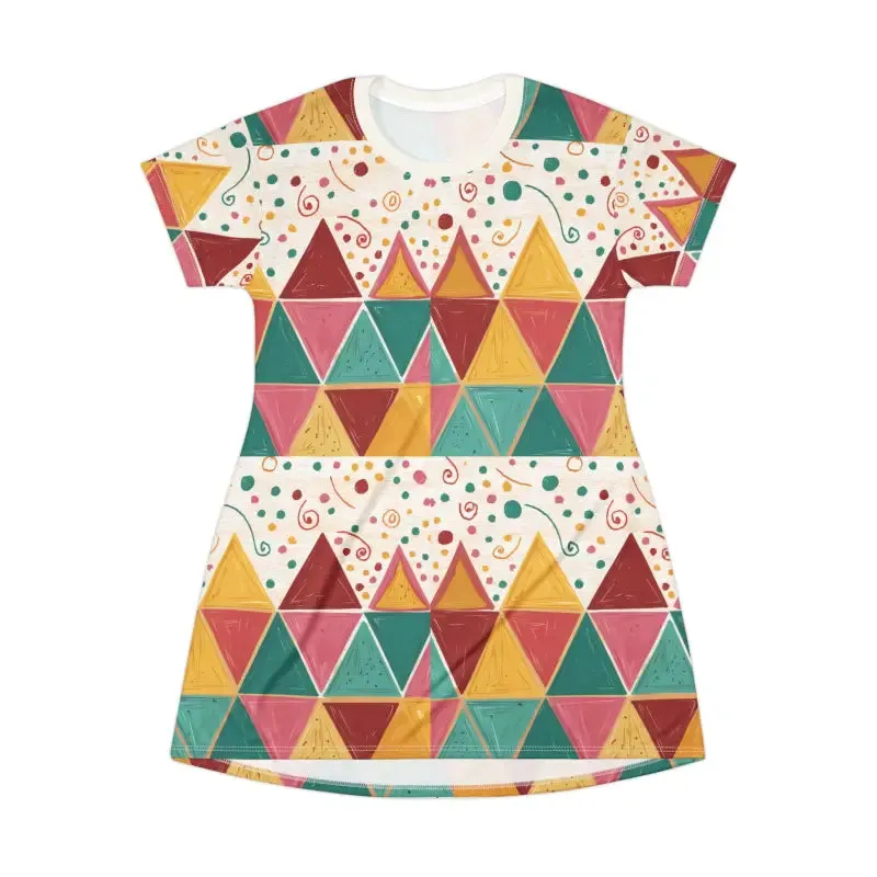 Chic Tagless Tee Dress with Bright Geometric Triangles