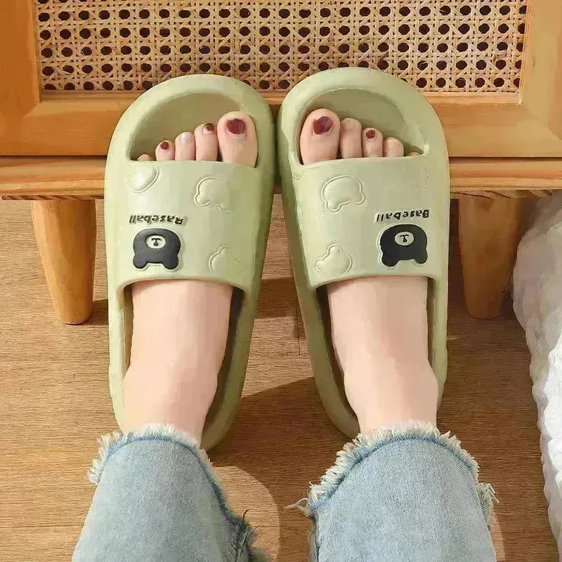 Cute Cartoon Bear Slippers For Women Summer Indoor Thick-soled Non-slip Floor Bathroom Home Slippers Men House Shoes