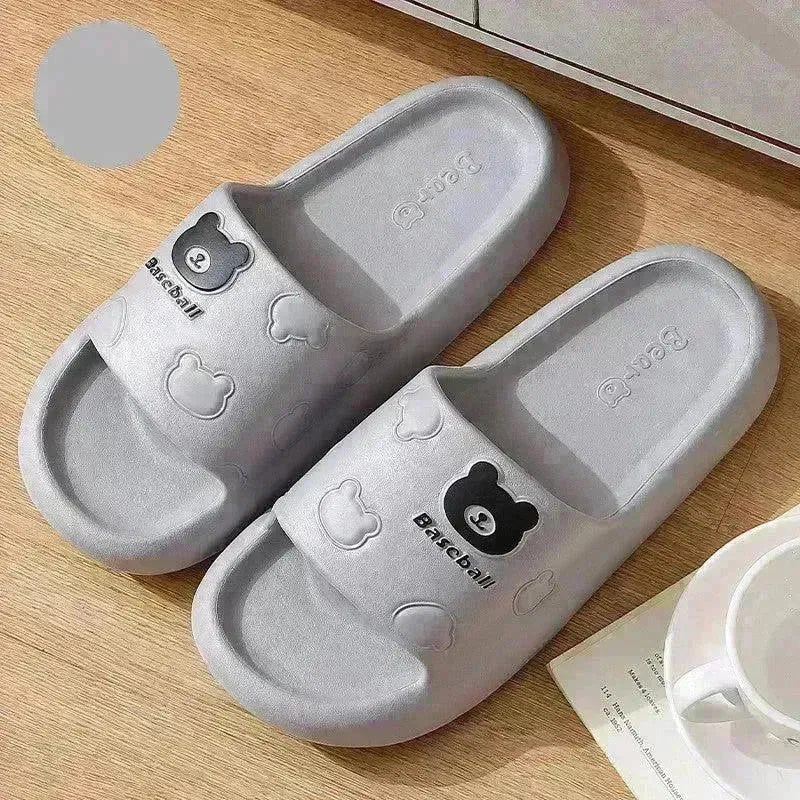 Cute Cartoon Bear Slippers For Women Summer Indoor Thick-soled Non-slip Floor Bathroom Home Slippers Men House Shoes