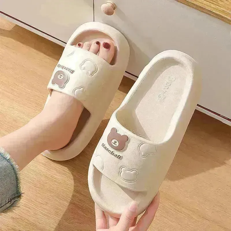 Cute Cartoon Bear Slippers For Women Summer Indoor Thick-soled Non-slip Floor Bathroom Home Slippers Men House Shoes