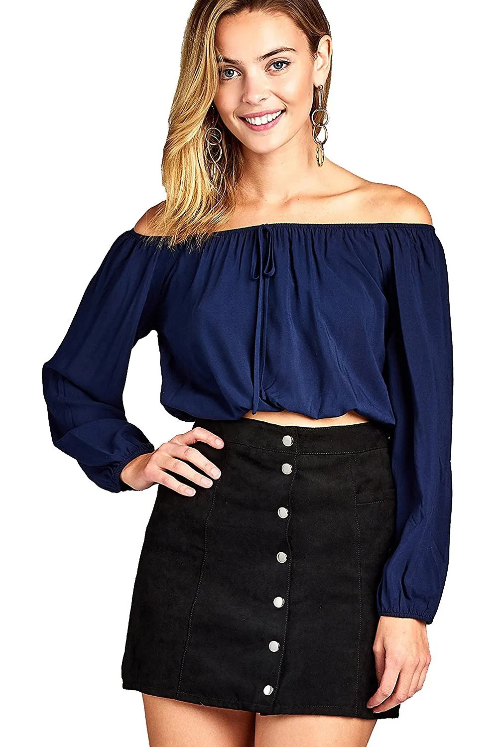 Khanomak Elasticized Off Shoulder Self Tie Neckline Long Sleeve Crop Top