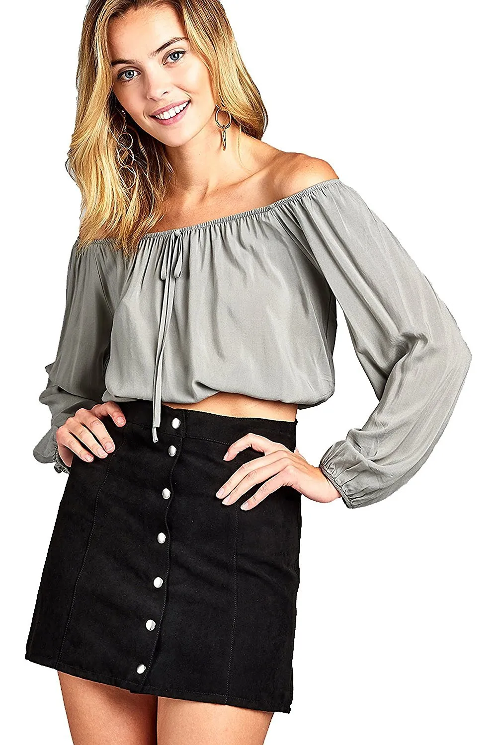 Khanomak Elasticized Off Shoulder Self Tie Neckline Long Sleeve Crop Top