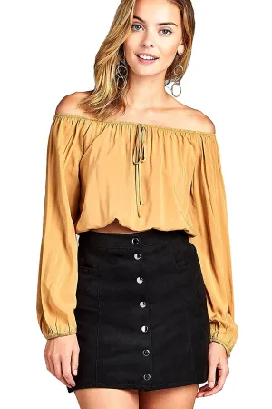 Khanomak Elasticized Off Shoulder Self Tie Neckline Long Sleeve Crop Top