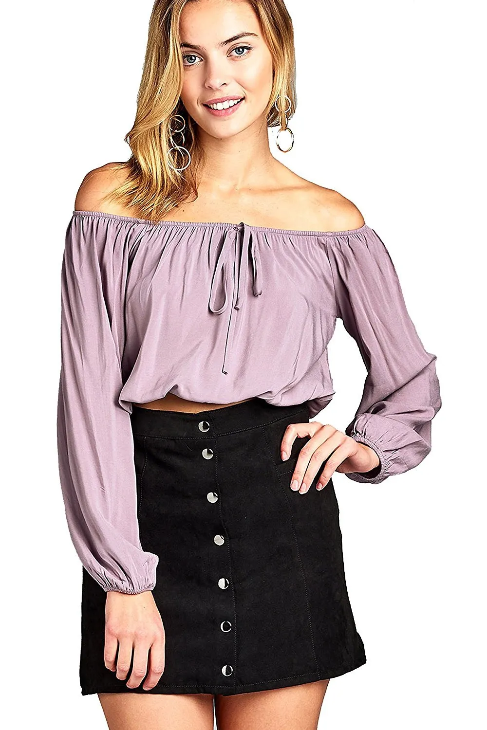 Khanomak Elasticized Off Shoulder Self Tie Neckline Long Sleeve Crop Top