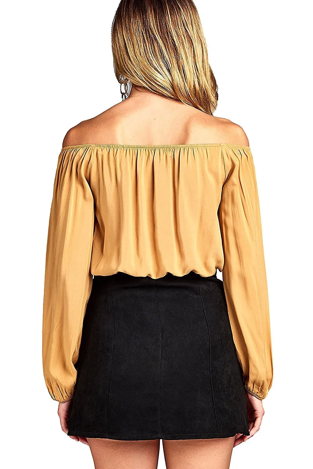 Khanomak Elasticized Off Shoulder Self Tie Neckline Long Sleeve Crop Top