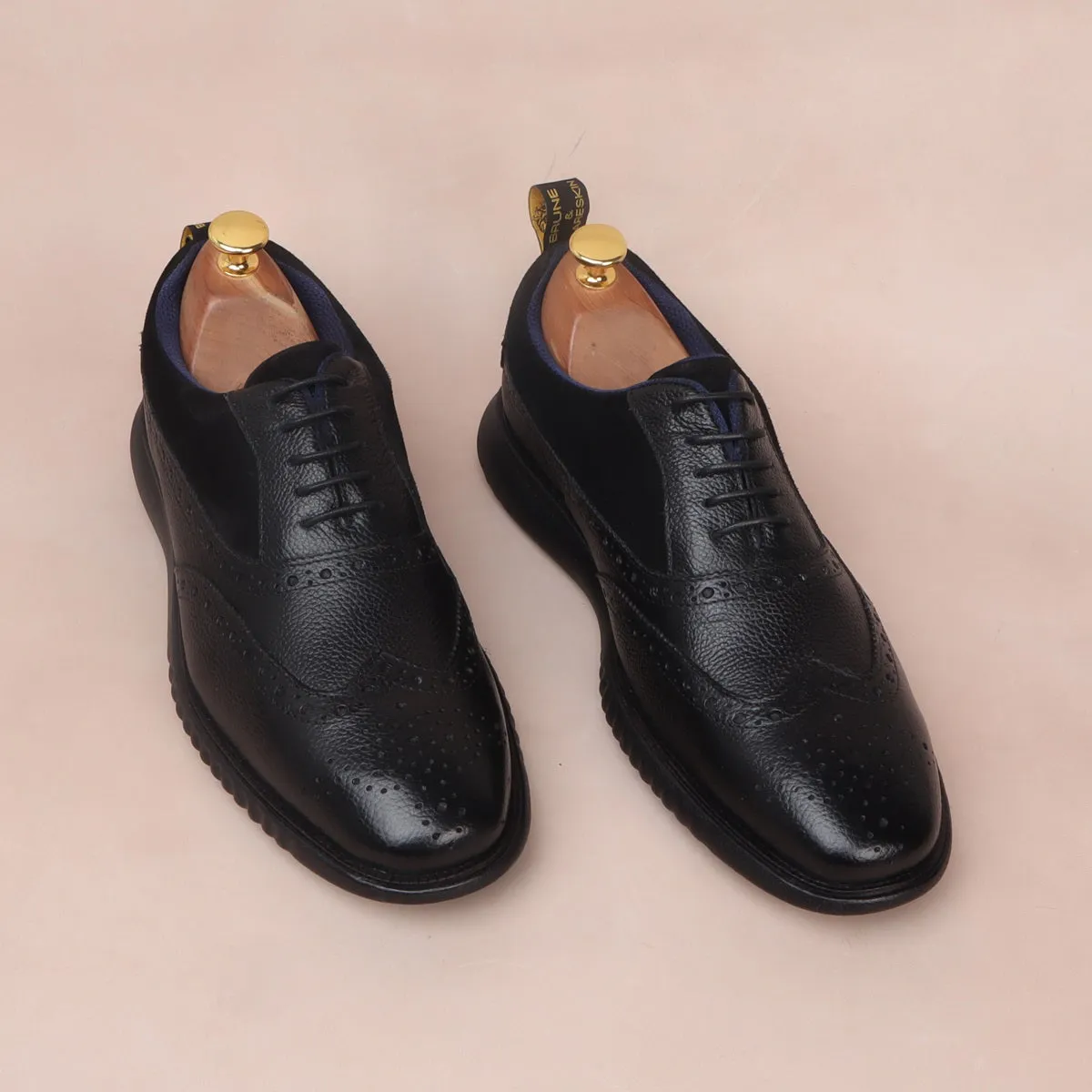 Light Weight Dress Sneaker in Black Leather Black Velvet Brogue Oxford Shoe For Men by Brune & Bareskin