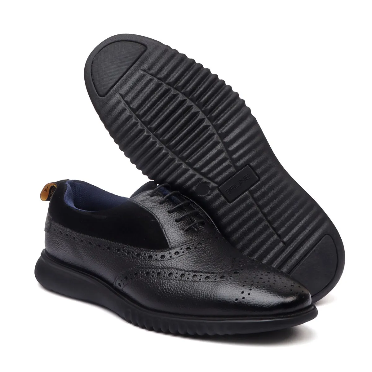 Light Weight Dress Sneaker in Black Leather Black Velvet Brogue Oxford Shoe For Men by Brune & Bareskin