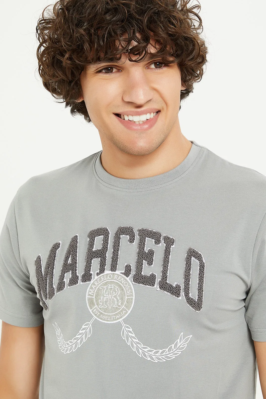 Men Grey Stretch T-Shirt With Applique