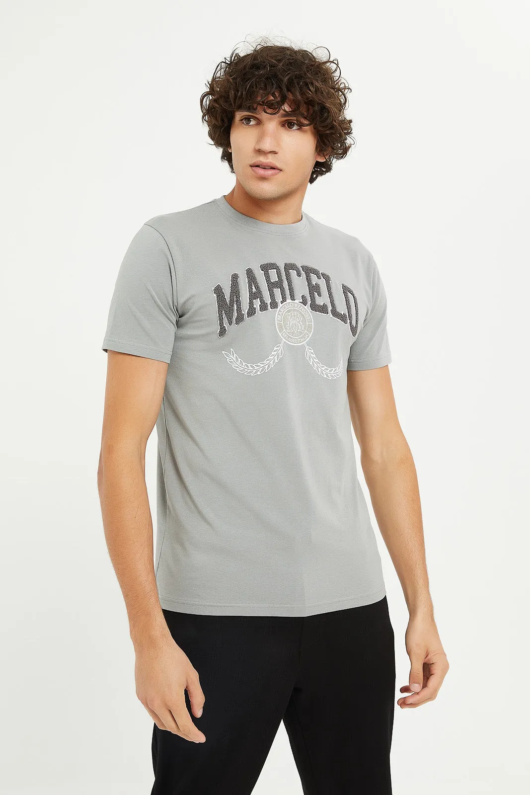 Men Grey Stretch T-Shirt With Applique