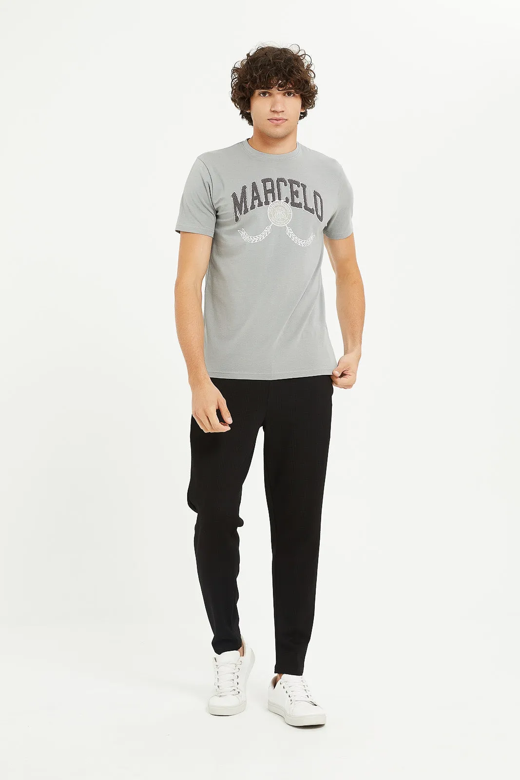 Men Grey Stretch T-Shirt With Applique