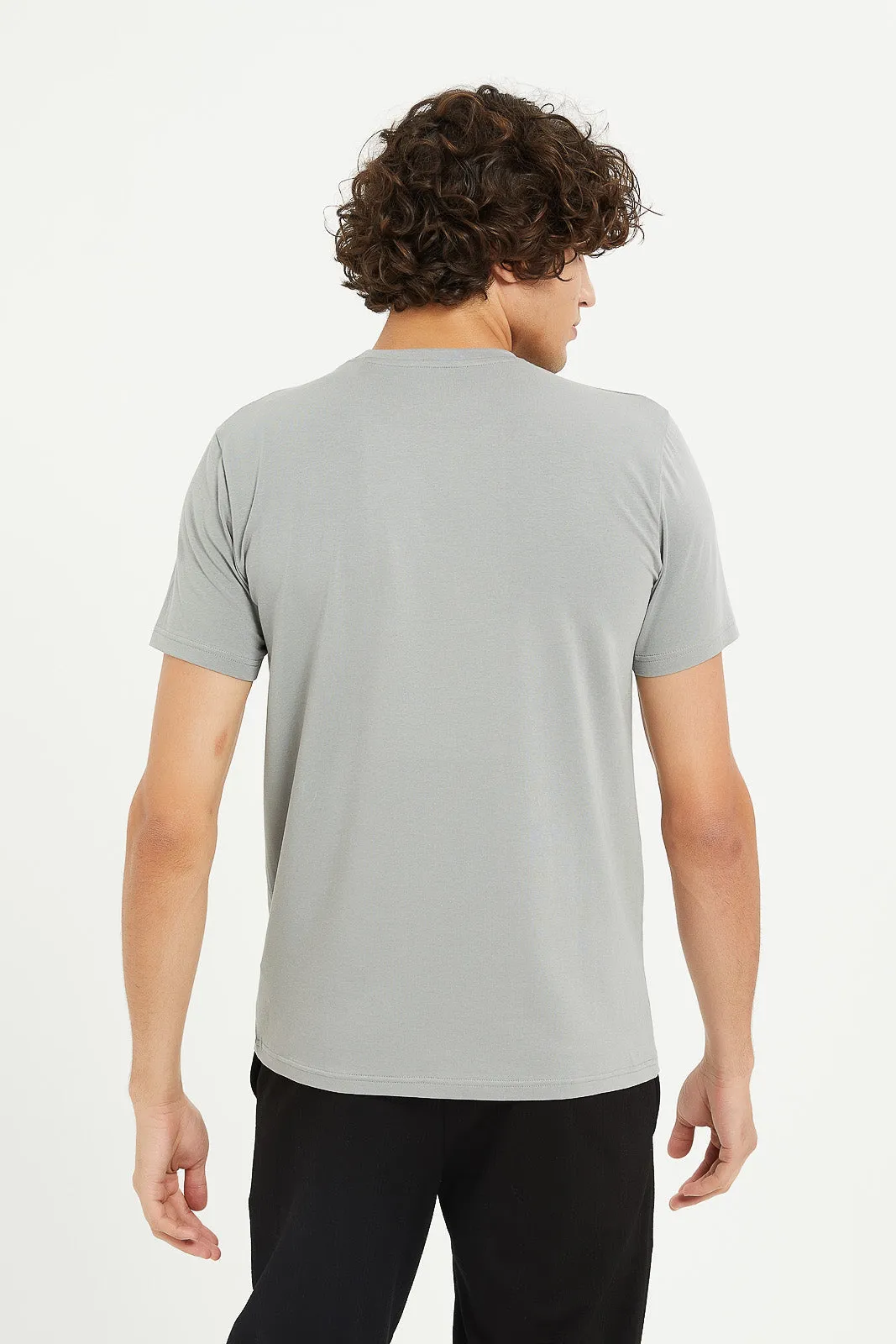 Men Grey Stretch T-Shirt With Applique