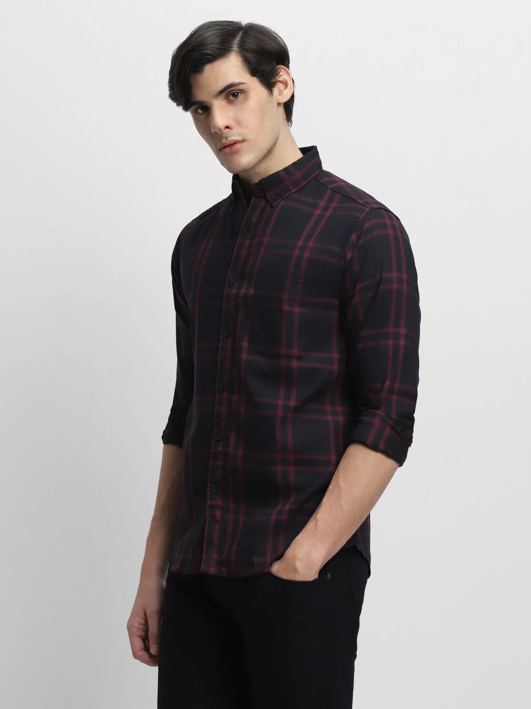 Men's Button-Down Collar Slim Fit Windowpane Checks Opaque Cotton Casual Shirt
