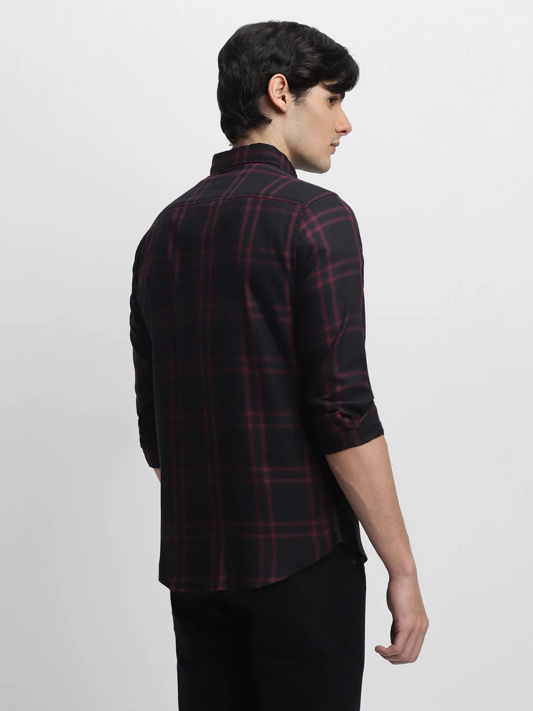 Men's Button-Down Collar Slim Fit Windowpane Checks Opaque Cotton Casual Shirt