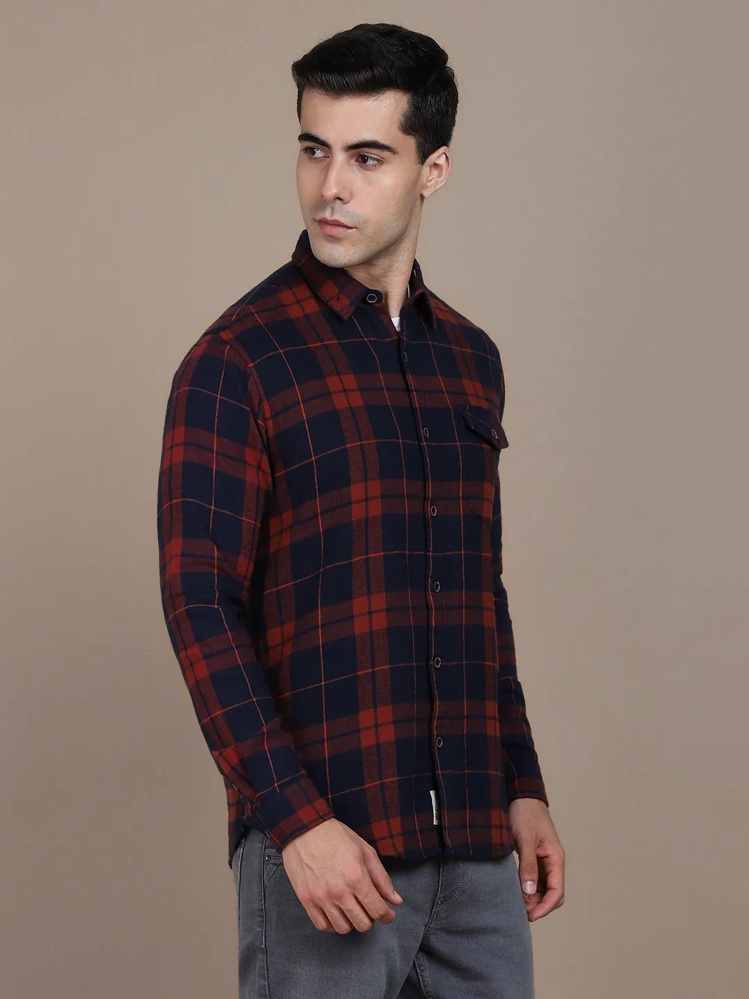 Men's Regular Collar Slim Fit Checks Grey Casual Shirts