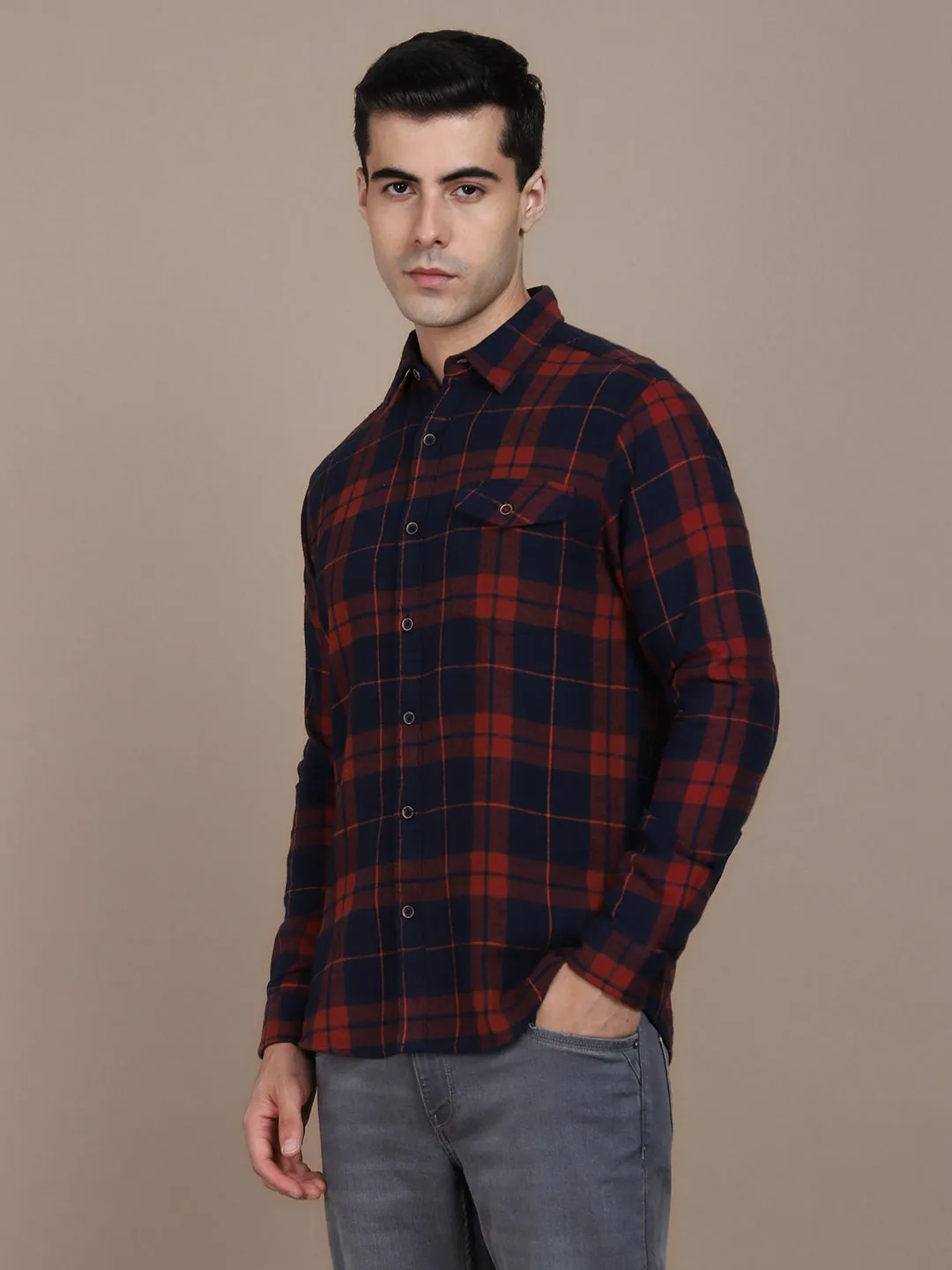 Men's Regular Collar Slim Fit Checks Grey Casual Shirts
