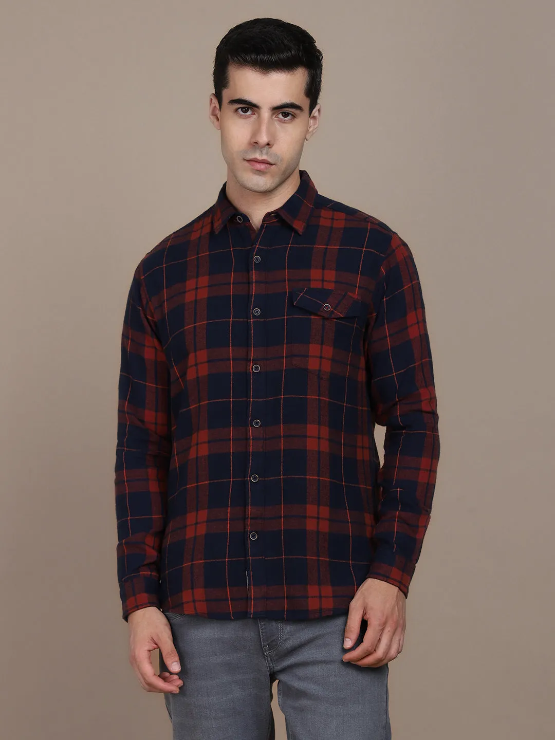 Men's Regular Collar Slim Fit Checks Grey Casual Shirts