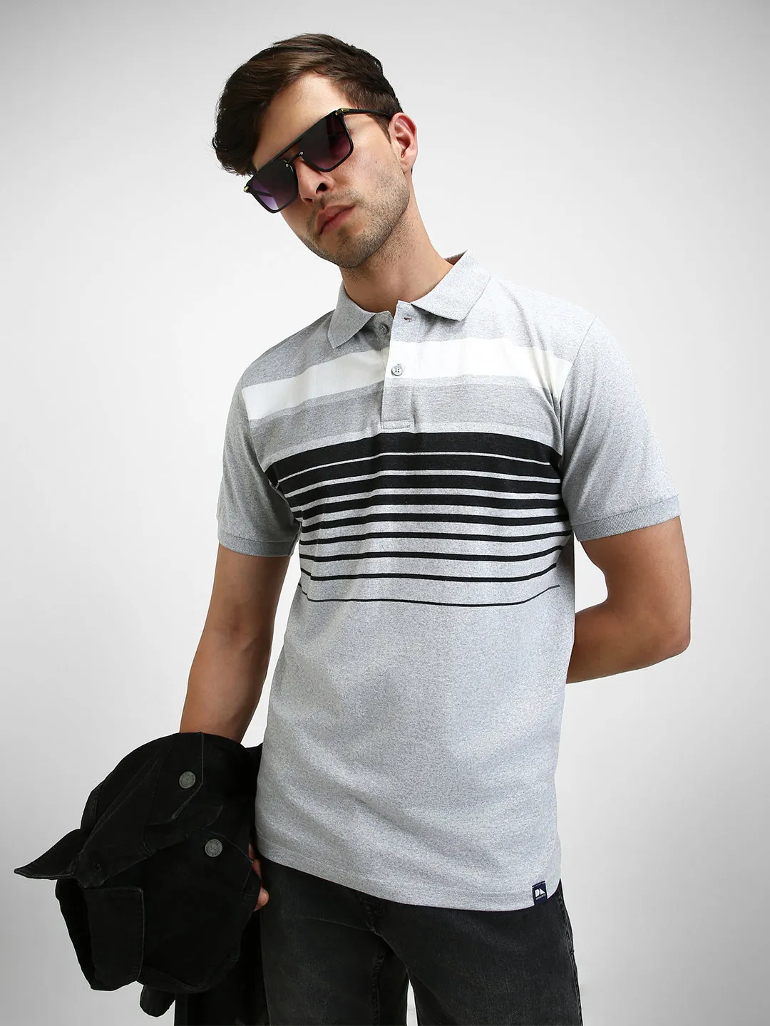 Men's Spread Collar Regular Fit Y/D Stripes Grey T-shirt