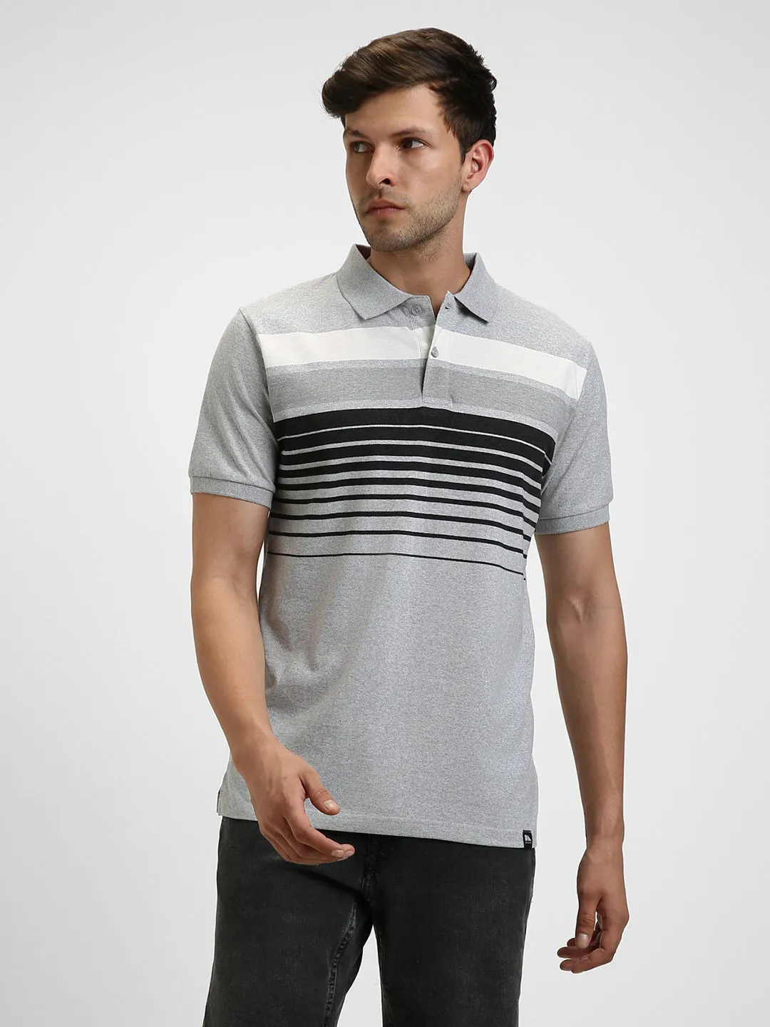 Men's Spread Collar Regular Fit Y/D Stripes Grey T-shirt