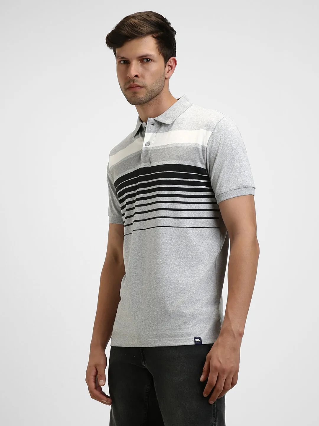 Men's Spread Collar Regular Fit Y/D Stripes Grey T-shirt