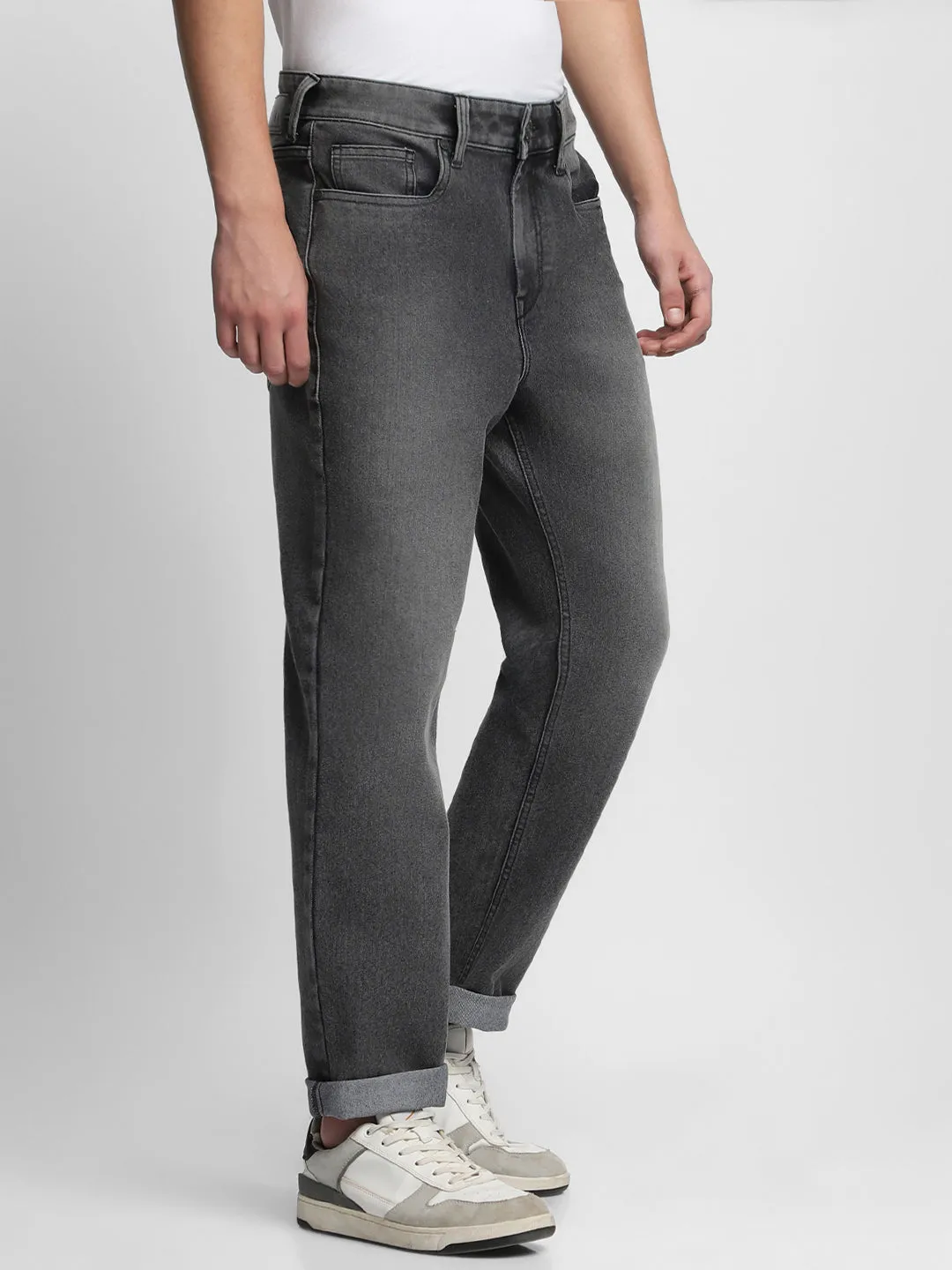 Men's Straight Fit Washed Grey Stretchable Jeans