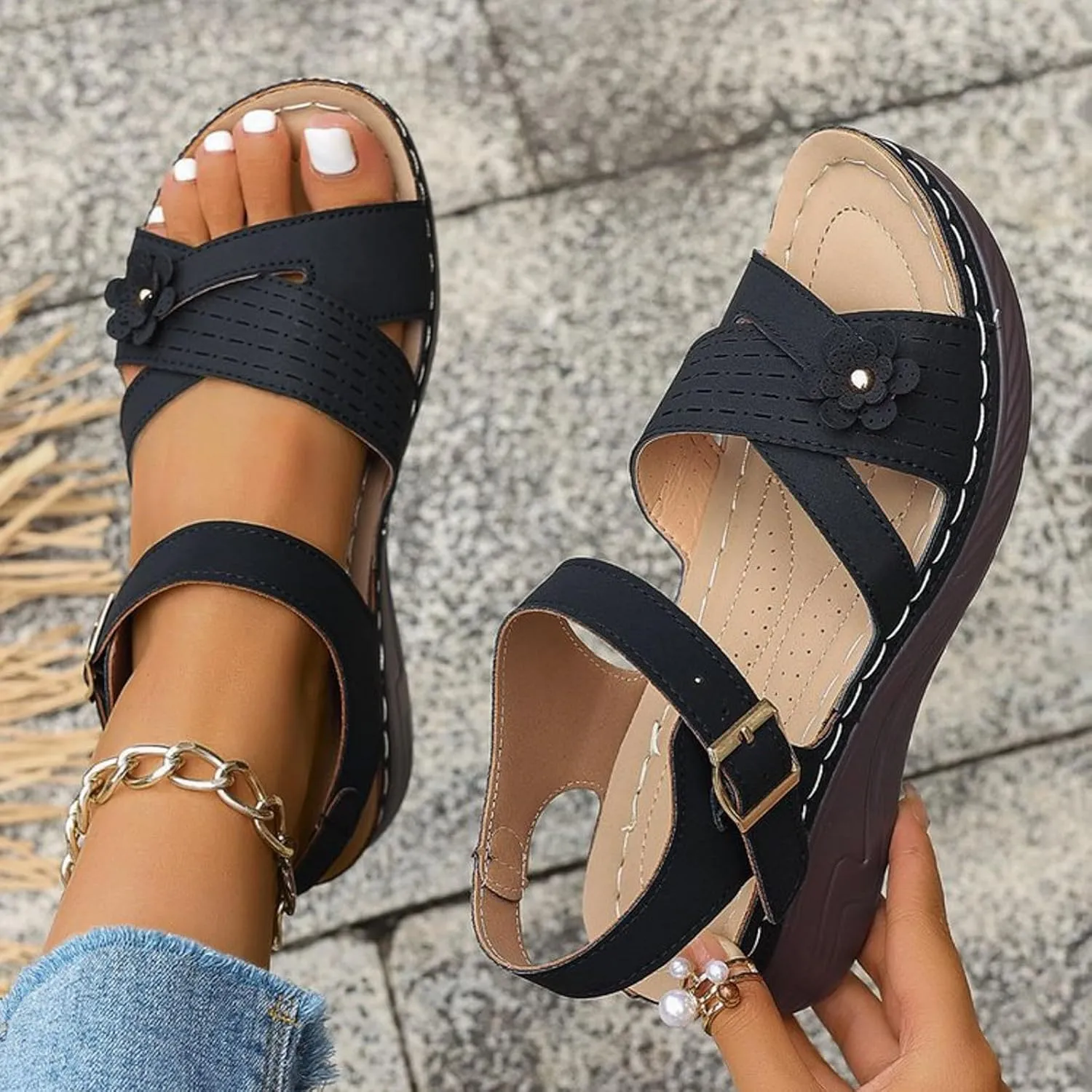 PGOJUNI Soft & Stylish Wedge Sandals for Effortless Comfort Orthopedic Walking Platform Sandals Women Wide Dress Sport Shoes