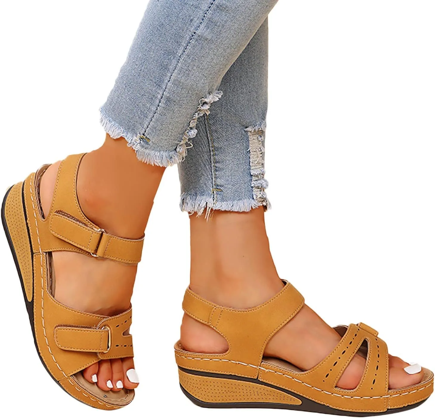 Sandals for Women 2025, Soft & Stylish Wedge Sandals for Effortless Comfort Leather Orthopedic Platform Arch Support Shoes