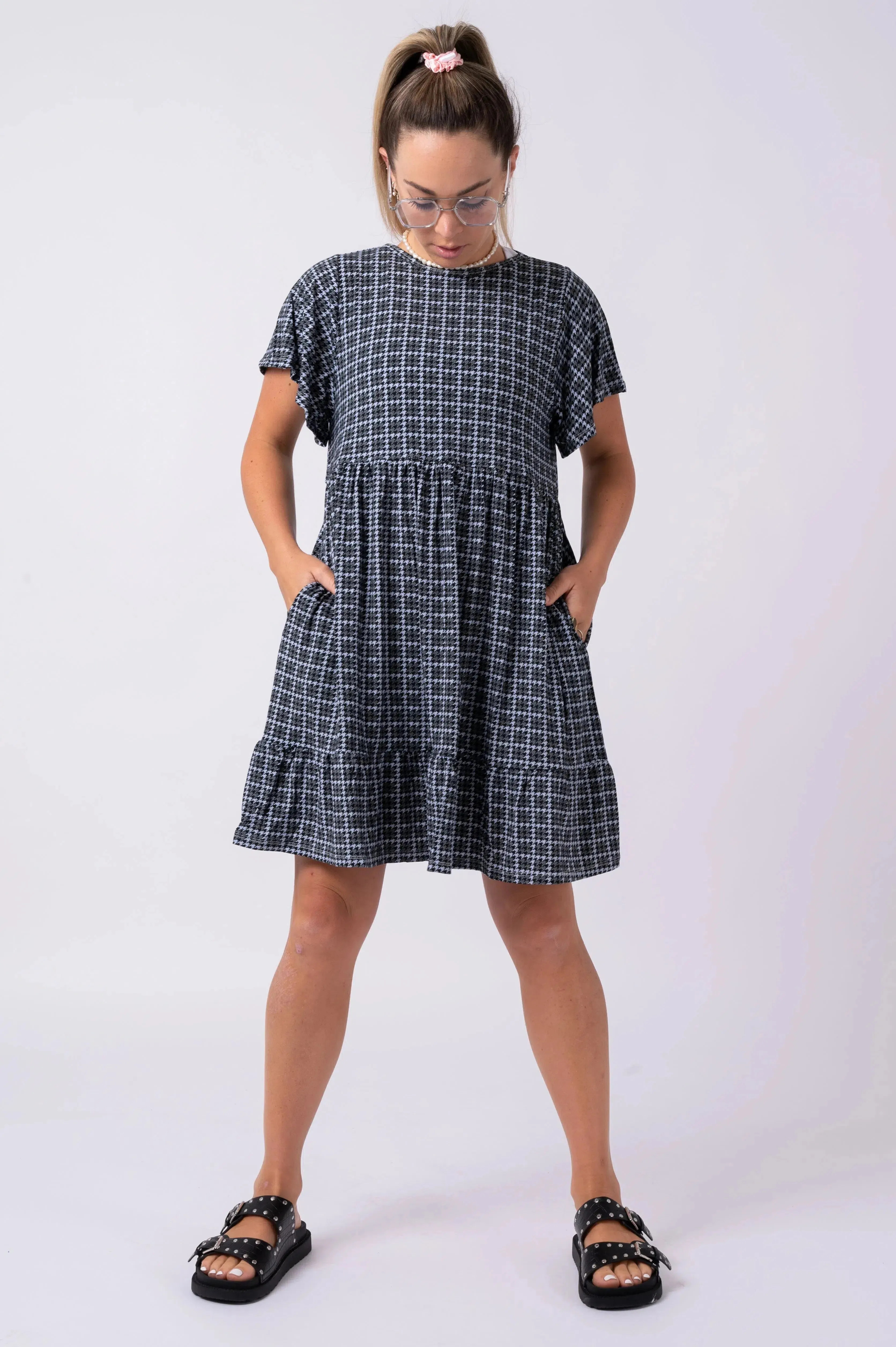 Slinky To Touch Baby Doll Tiered Mini Dress - Toothy Knit Mono