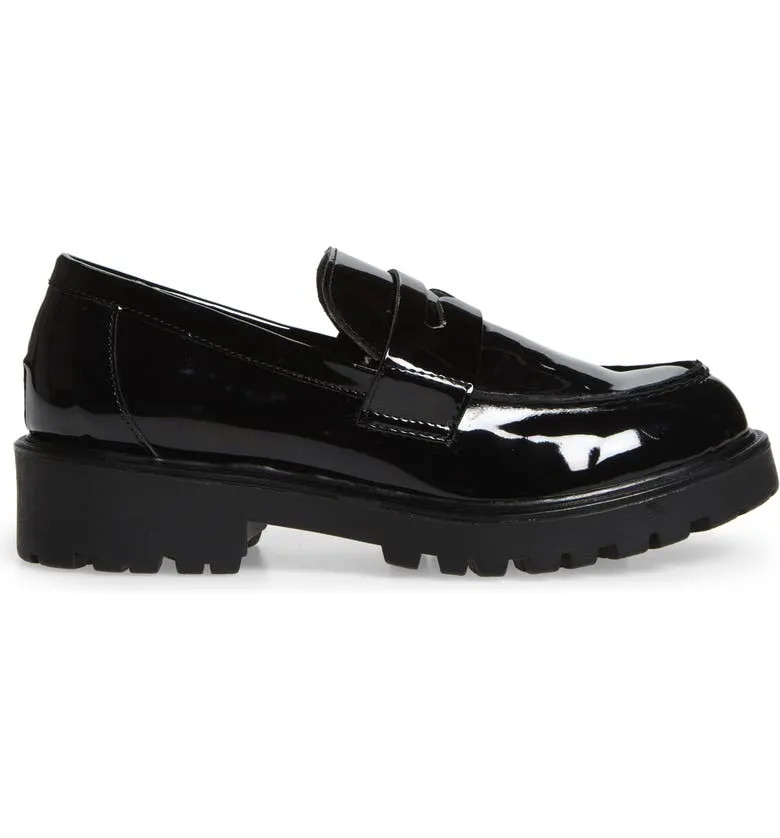 Steve Madden Lotto Black Leather Retro Lug Sole Low Chunky Heel Penny Loafer (10, BLACK)