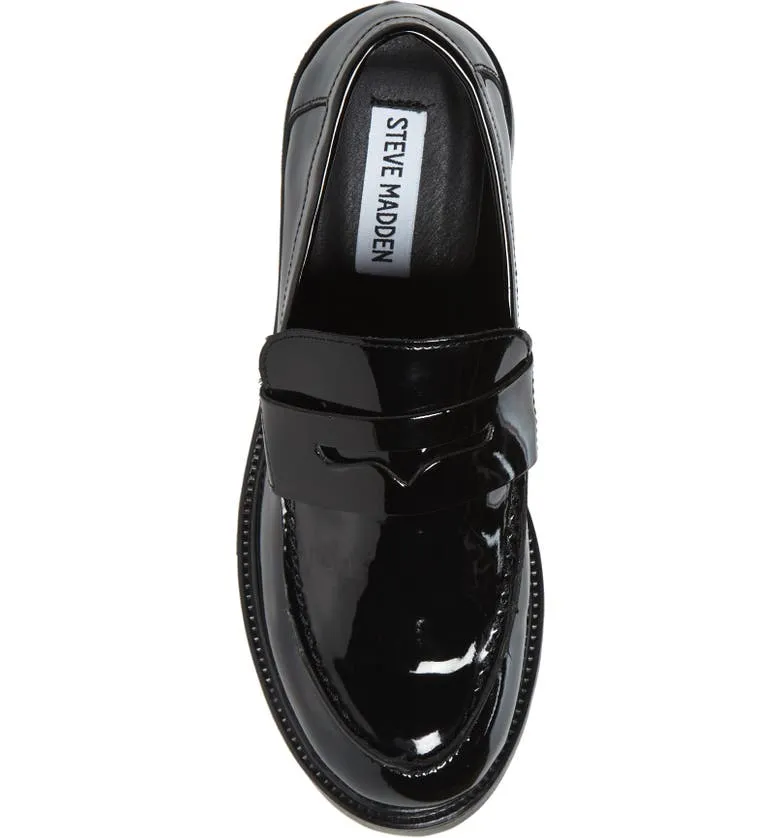 Steve Madden Lotto Black Leather Retro Lug Sole Low Chunky Heel Penny Loafer (10, BLACK)