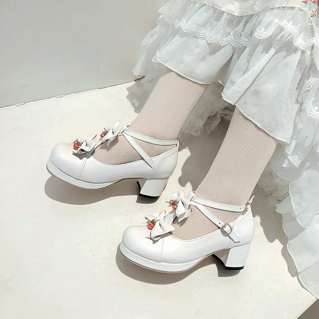 VOKLIN Women's Girls Sweet Bow Lolita Mary Janes Pumps T-Strap Platform Block Mid Heels Oxford Dress Shoes