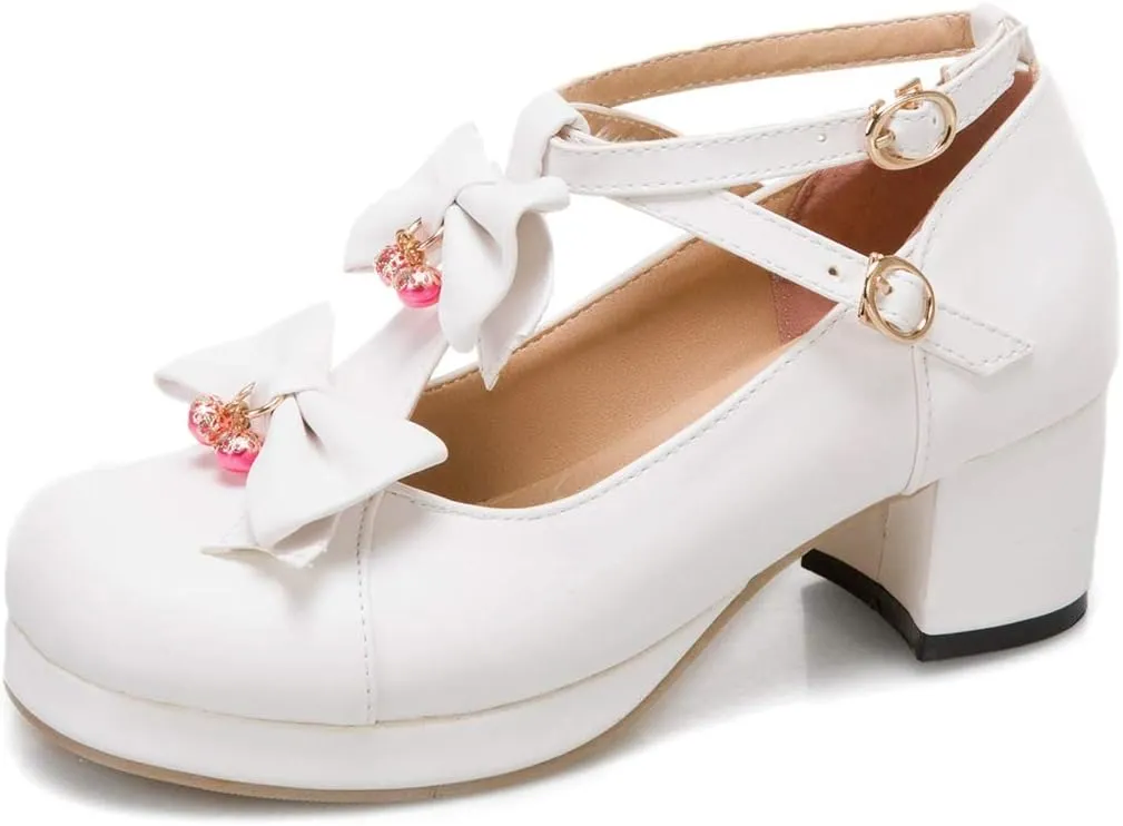 VOKLIN Women's Girls Sweet Bow Lolita Mary Janes Pumps T-Strap Platform Block Mid Heels Oxford Dress Shoes