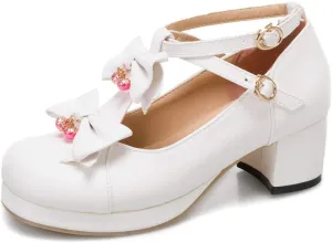 VOKLIN Women's Girls Sweet Bow Lolita Mary Janes Pumps T-Strap Platform Block Mid Heels Oxford Dress Shoes
