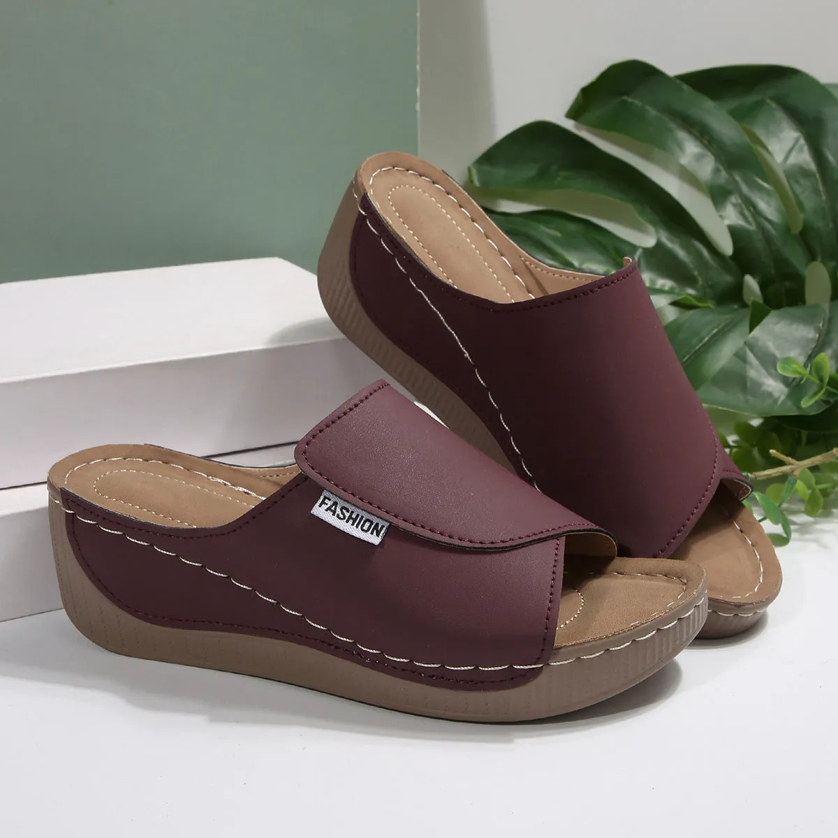 Womens Mule Sandals  Wedge Heel  Open Toe  Slip-On  Cushioned Insole Comfort